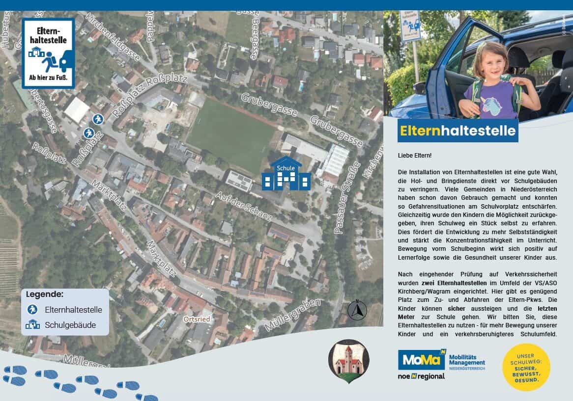 Orthophoto in dem Positionen der Elternhaltestellen eingezeichnet sind, sowie ein Text an die Eltern