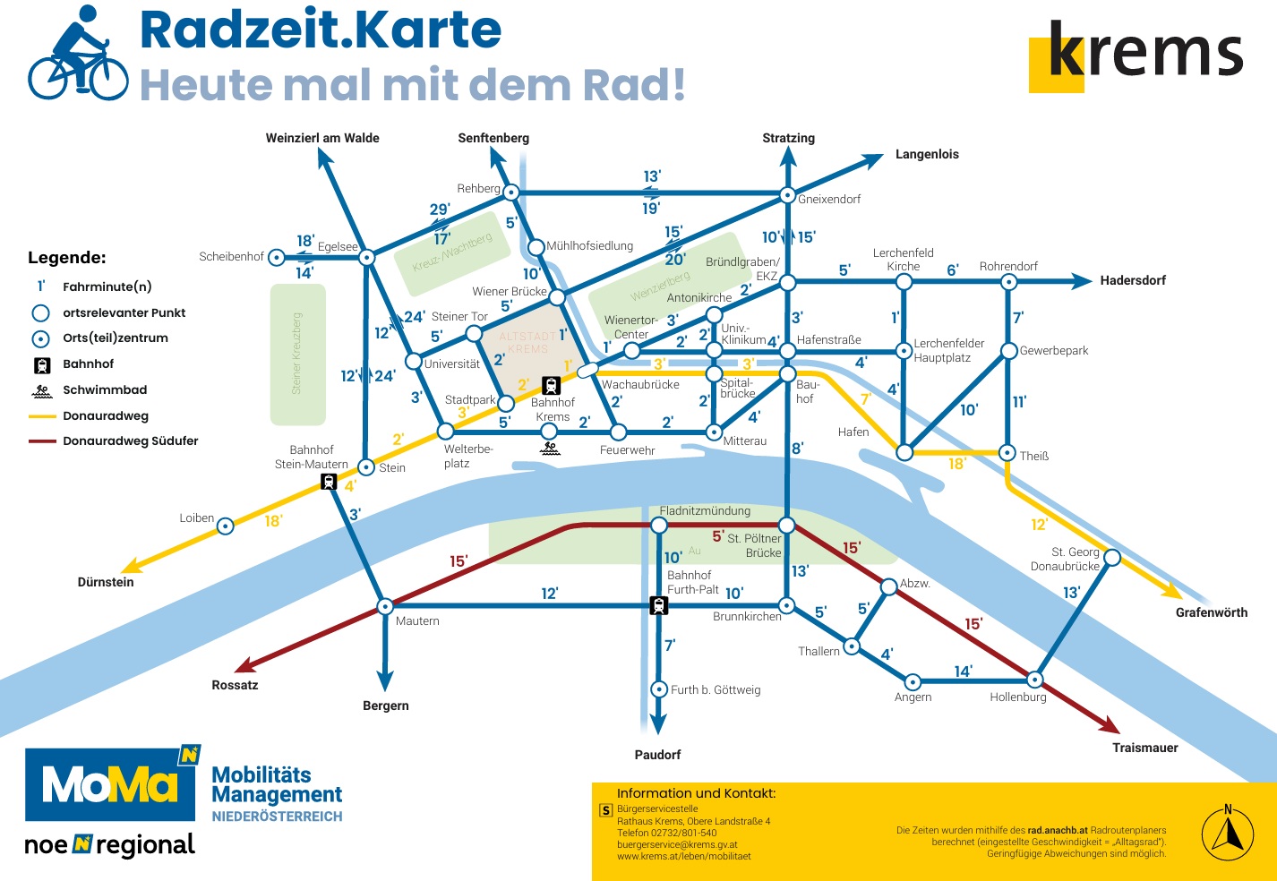 Radzeit.Karte Krems zeigt alle Radverbindung in Fahrminuten an